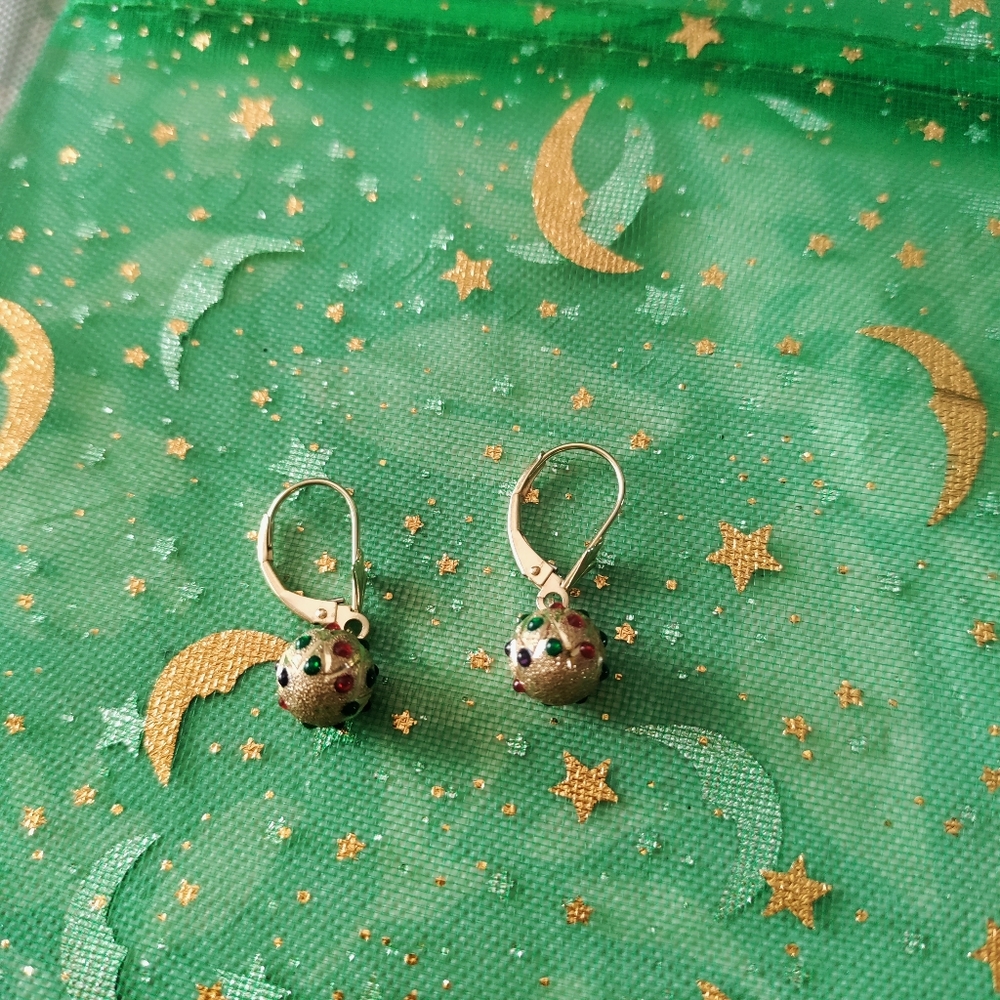 14k Yellow Gold Leverback Earrings with Red Blue Green Enamel Stippling